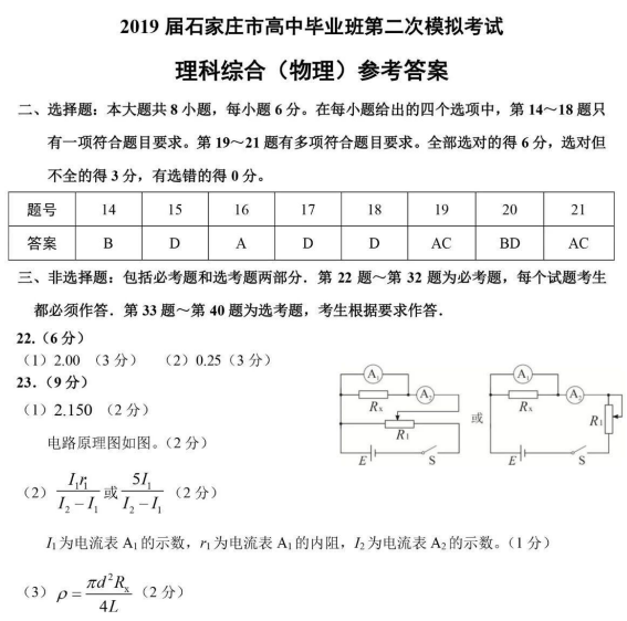 石家庄市2019届高三二模考试理综试题参考答案