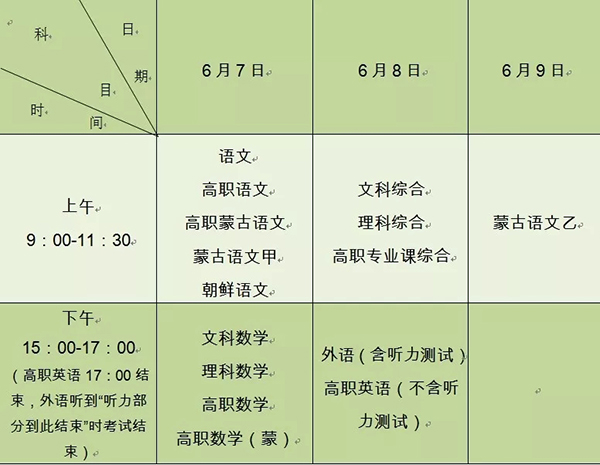 内蒙古2019年普通高考时间已确定