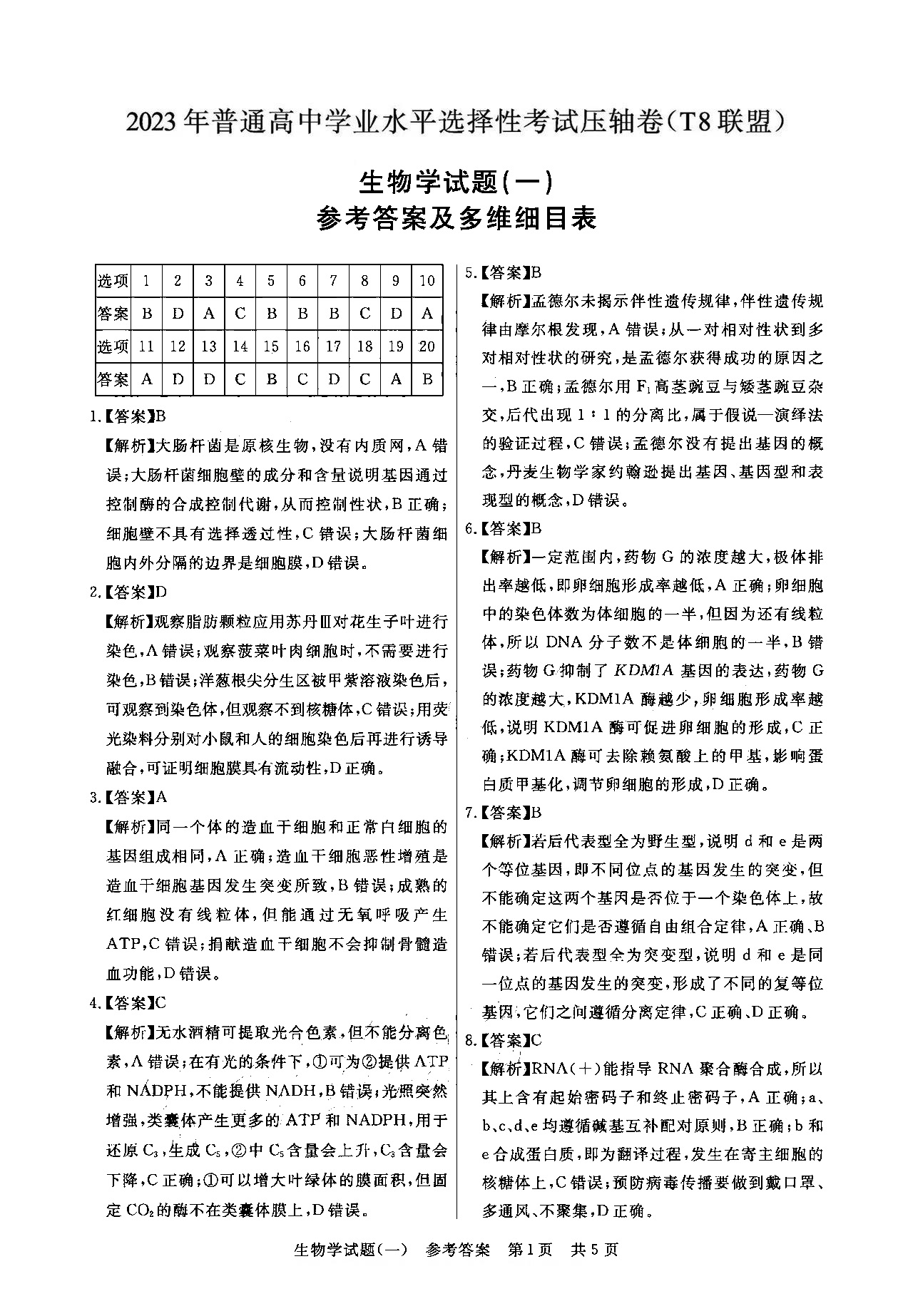 T8联盟2023年高考压轴卷生物试题答案(一)
