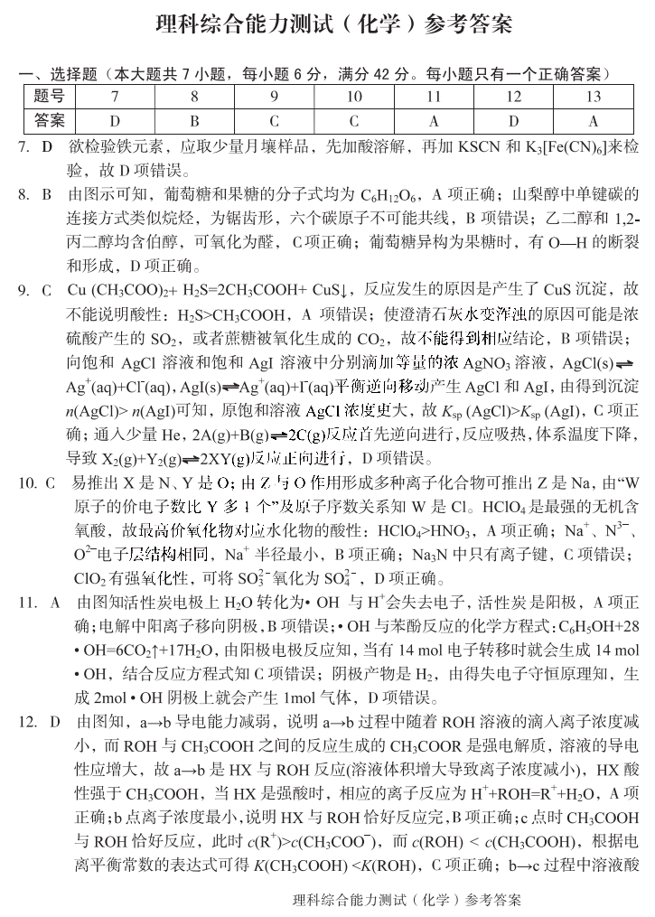安徽省A10联盟2021届高三开年考理综试题参考答案6