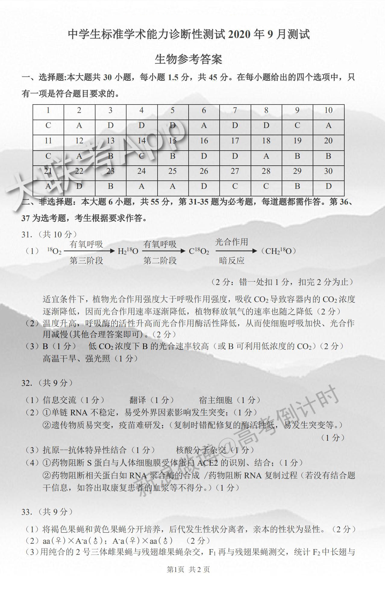 2020年9月中学生标准学术能力诊断性测试生物试题答案1