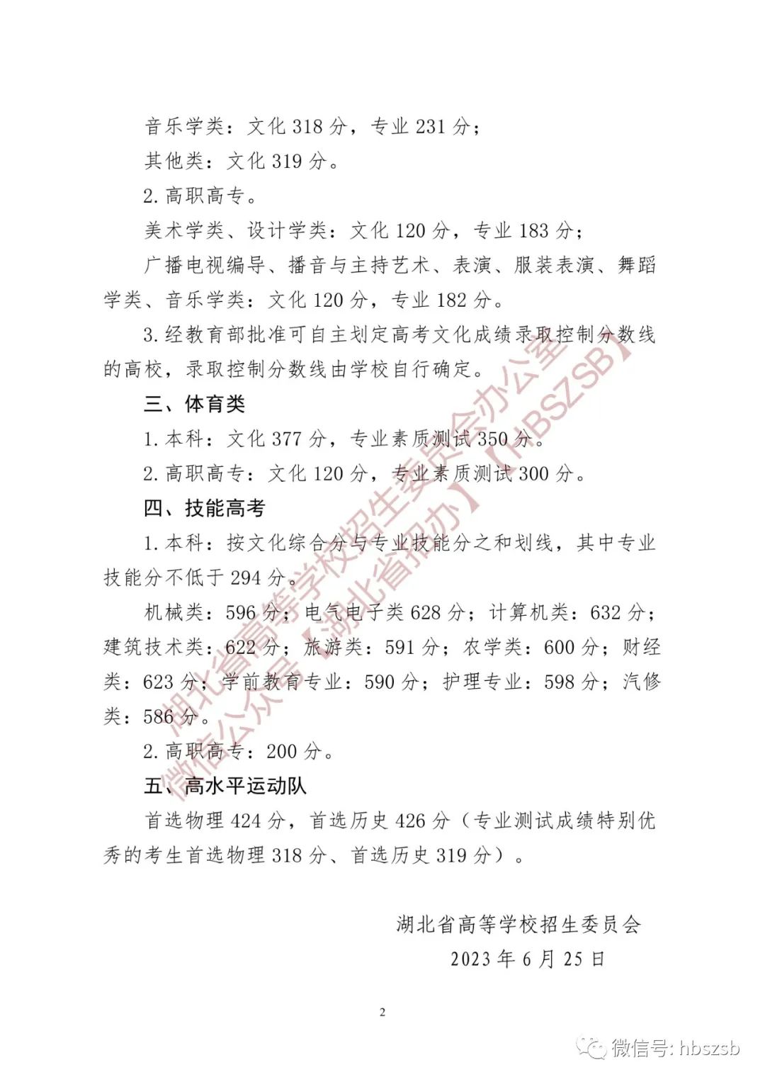 湖北省2023年高考控制分数线（批次线）：特招线首选物理525分，首选历史527分