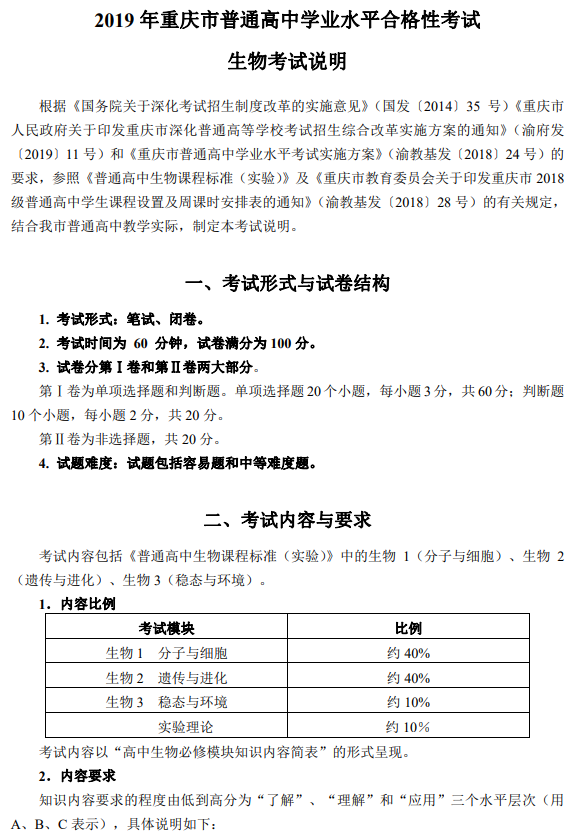 重庆市2019年普通高中学业水平合格性考试生物考试说明