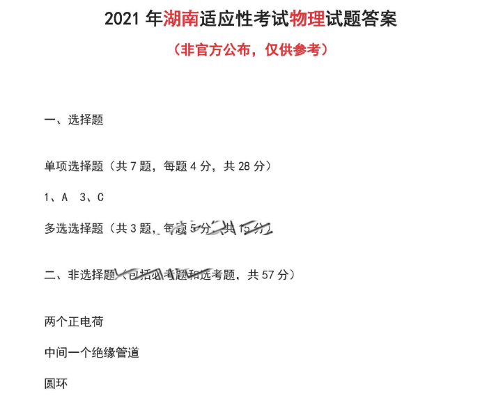 湖南省2021年新高考适应性测试物理试题答案1