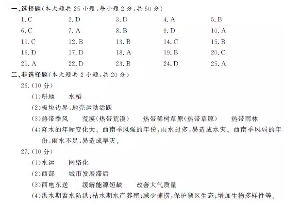 浙江省2019年1月学业水平考试地理试题参考答案