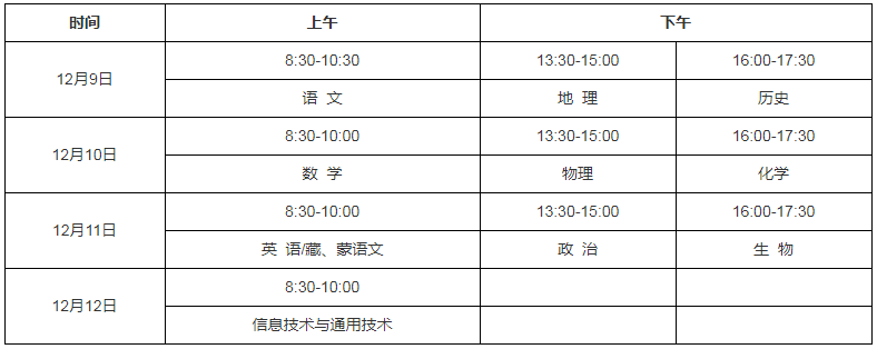 青海省2017年12月普通高中学业水平考试工作安排