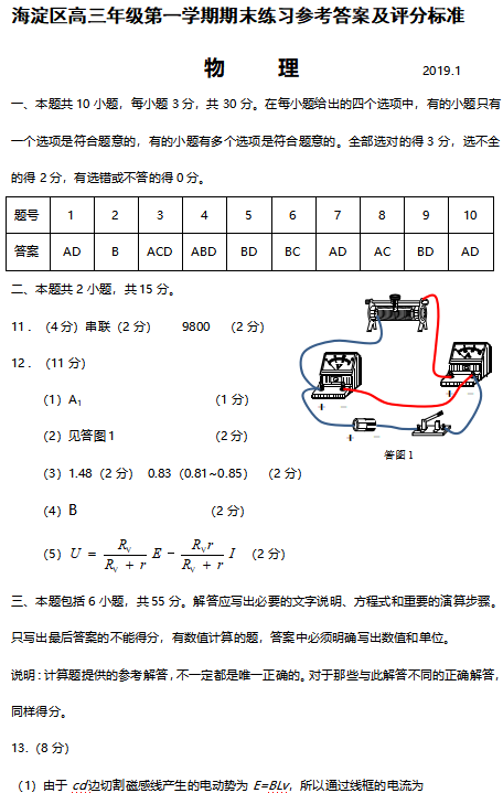 北京市海淀区2019高三期末物理试题参考答案