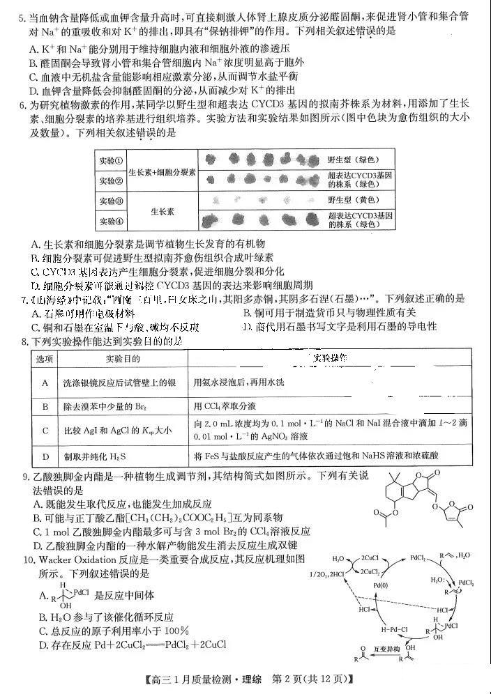 九师联盟2022届高三1月质量检测理综试题（全国卷）2