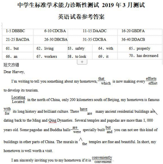 2019年3月高三中学生标准学术能力测试英语试题参考答案