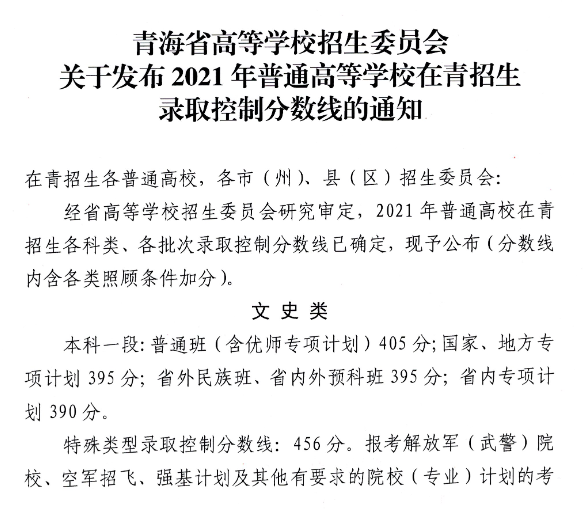 青海省2021年高考分数线（批次线）：特招线文史456，理工403