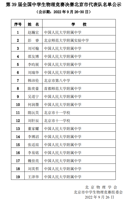 北京2022年第39届全国中学生物理竞赛复赛省队名单