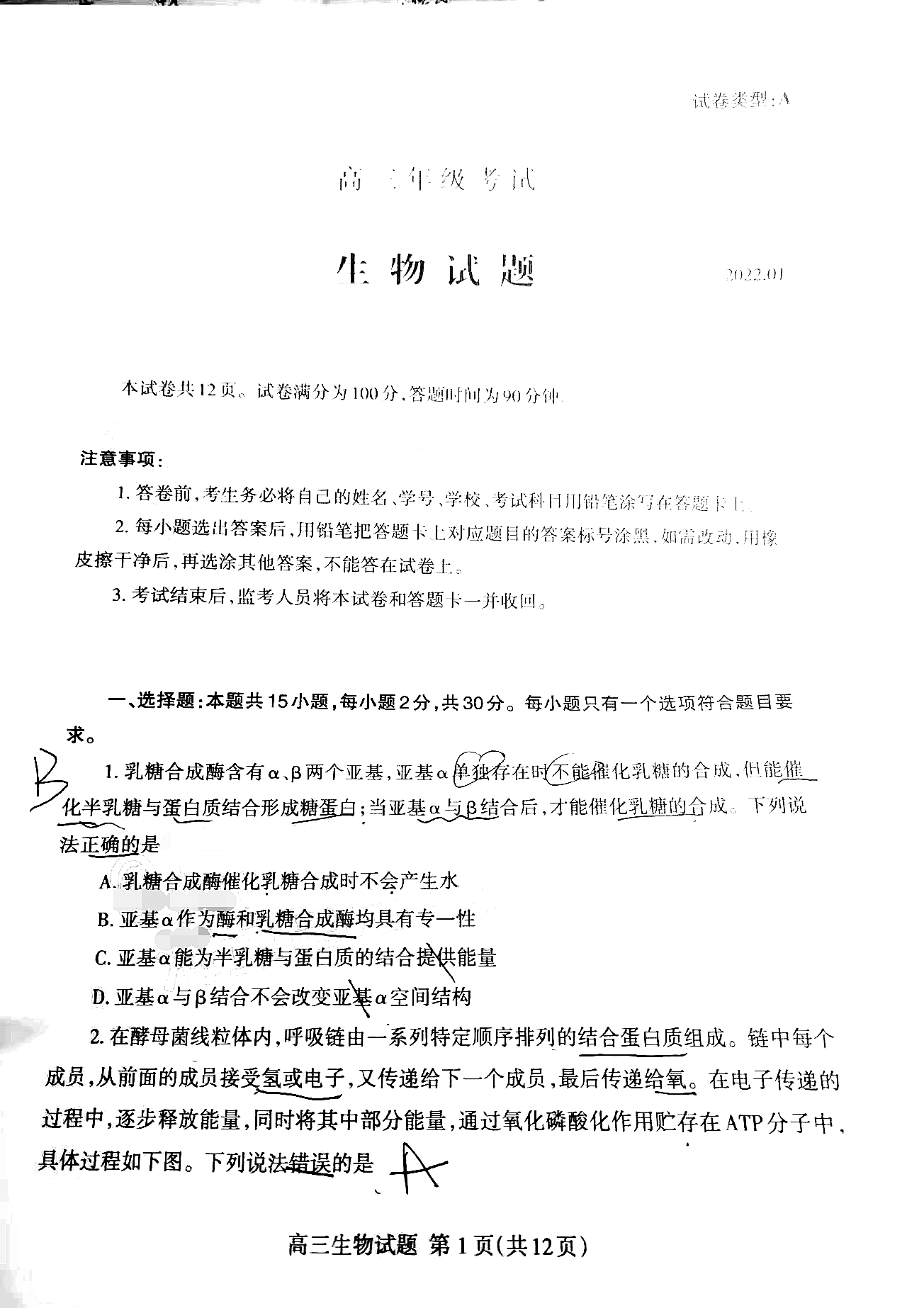 山东聊城2022年高三年级学情检测生物试题