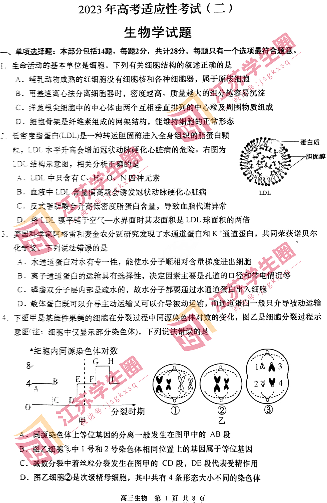 2023南通如皋高三适应性考试生物试题