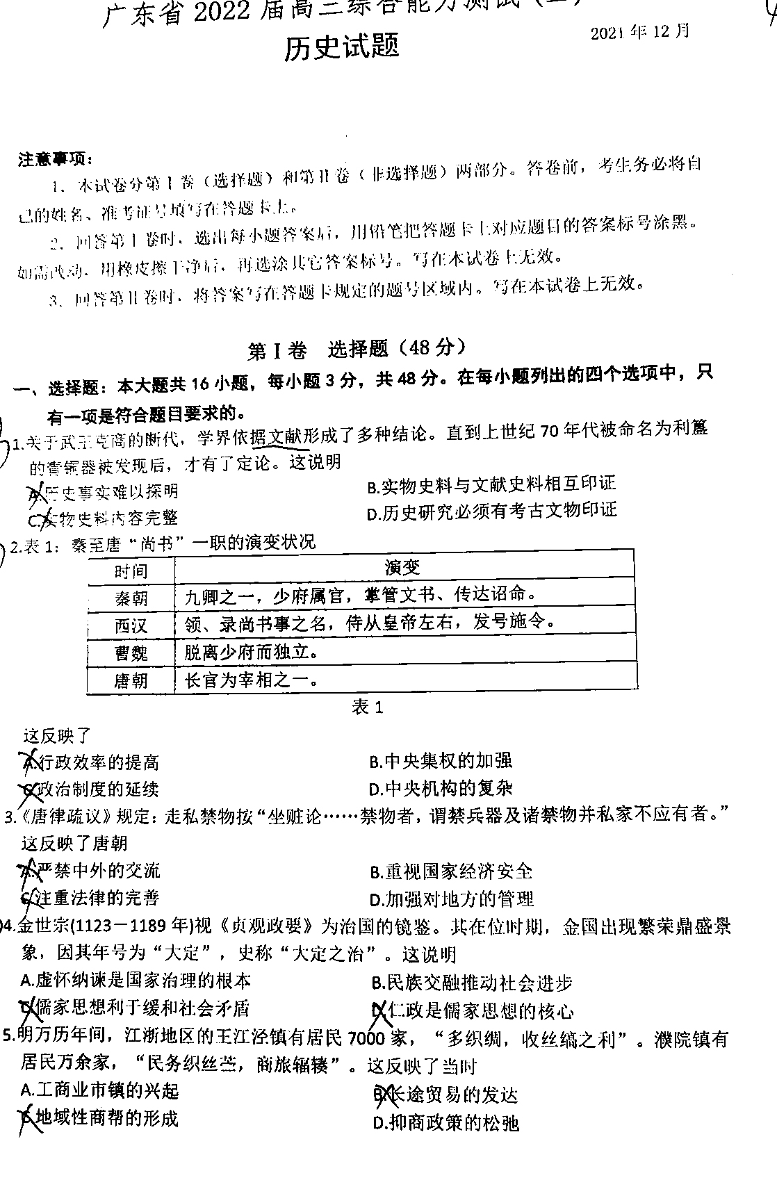 广东省2022届高三综合能力检测（二）历史试题1