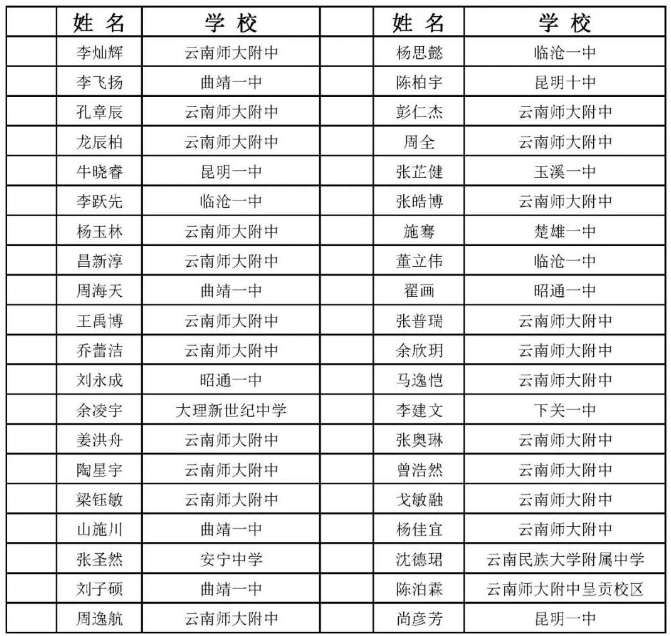 云南省2020年高中数学联赛省一获奖名单