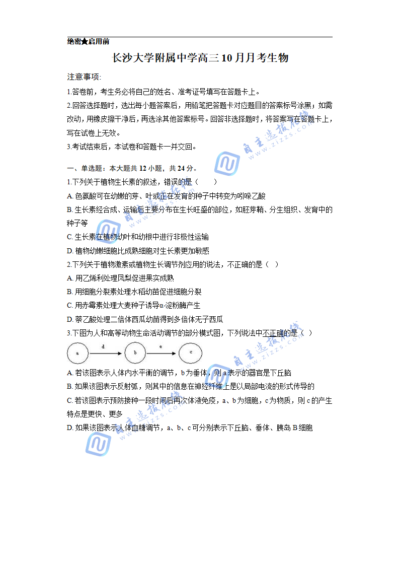 湖南省长沙大学附属中学2025年高三上学期10月月考生物试题及答案