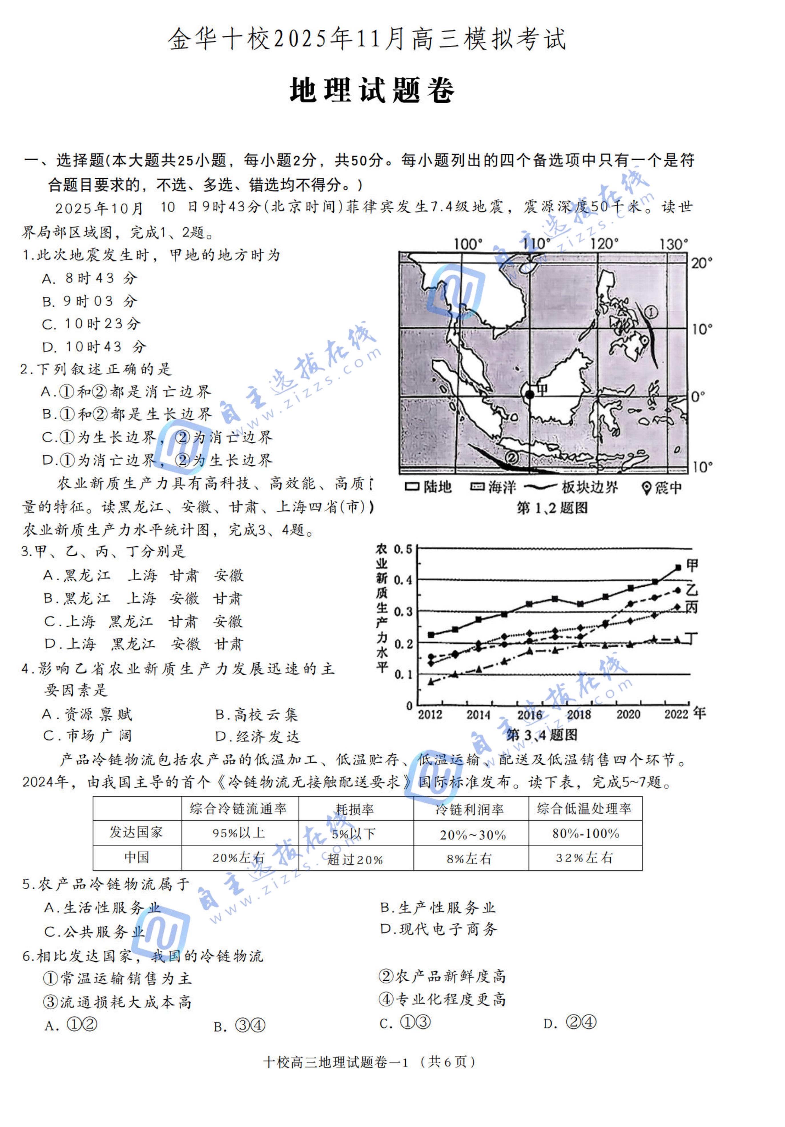 浙江省2026届高三金华十校一模地理试题及答案