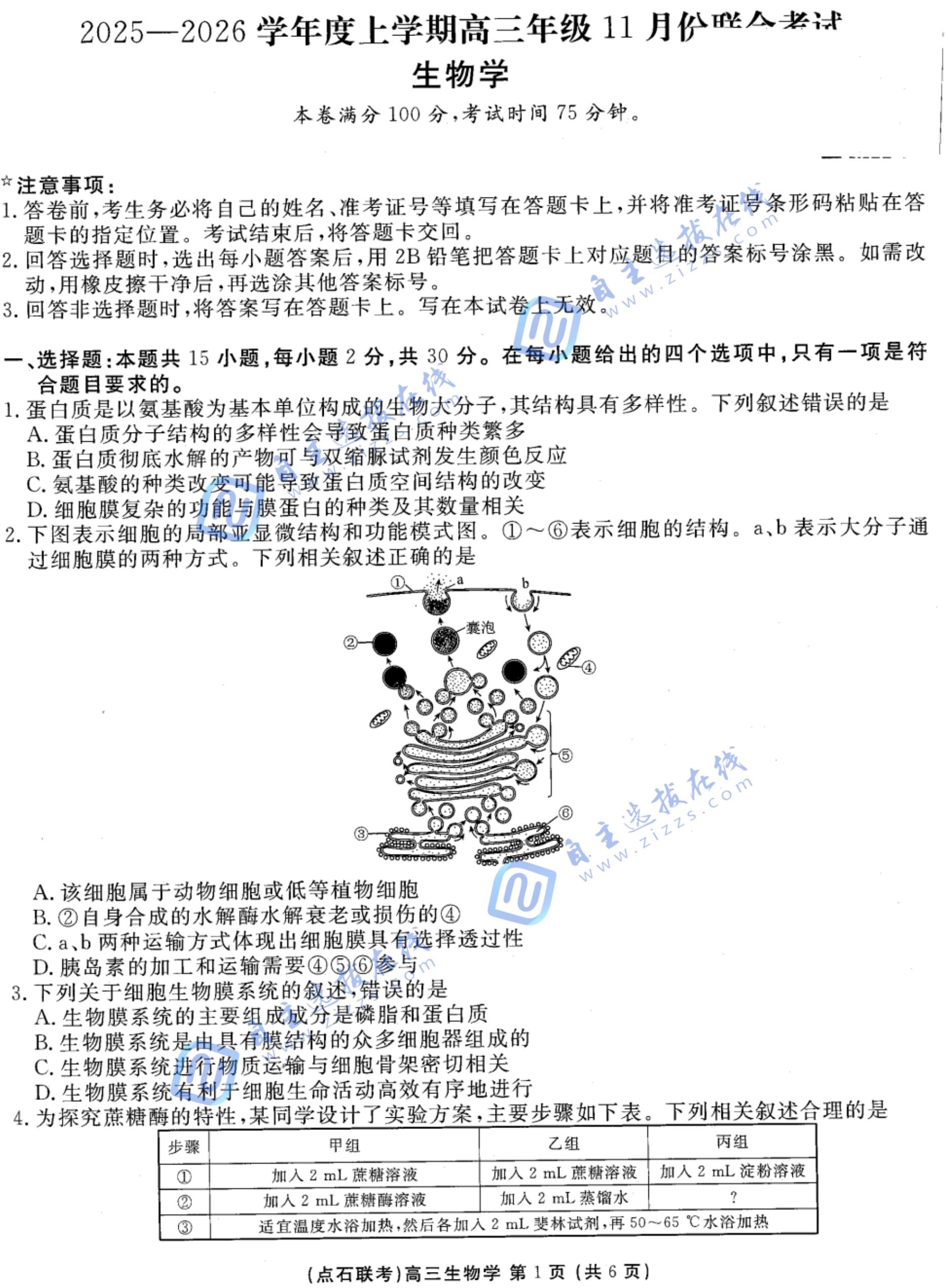 辽宁点石联考2026届高三11月份联合考试生物试题及答案