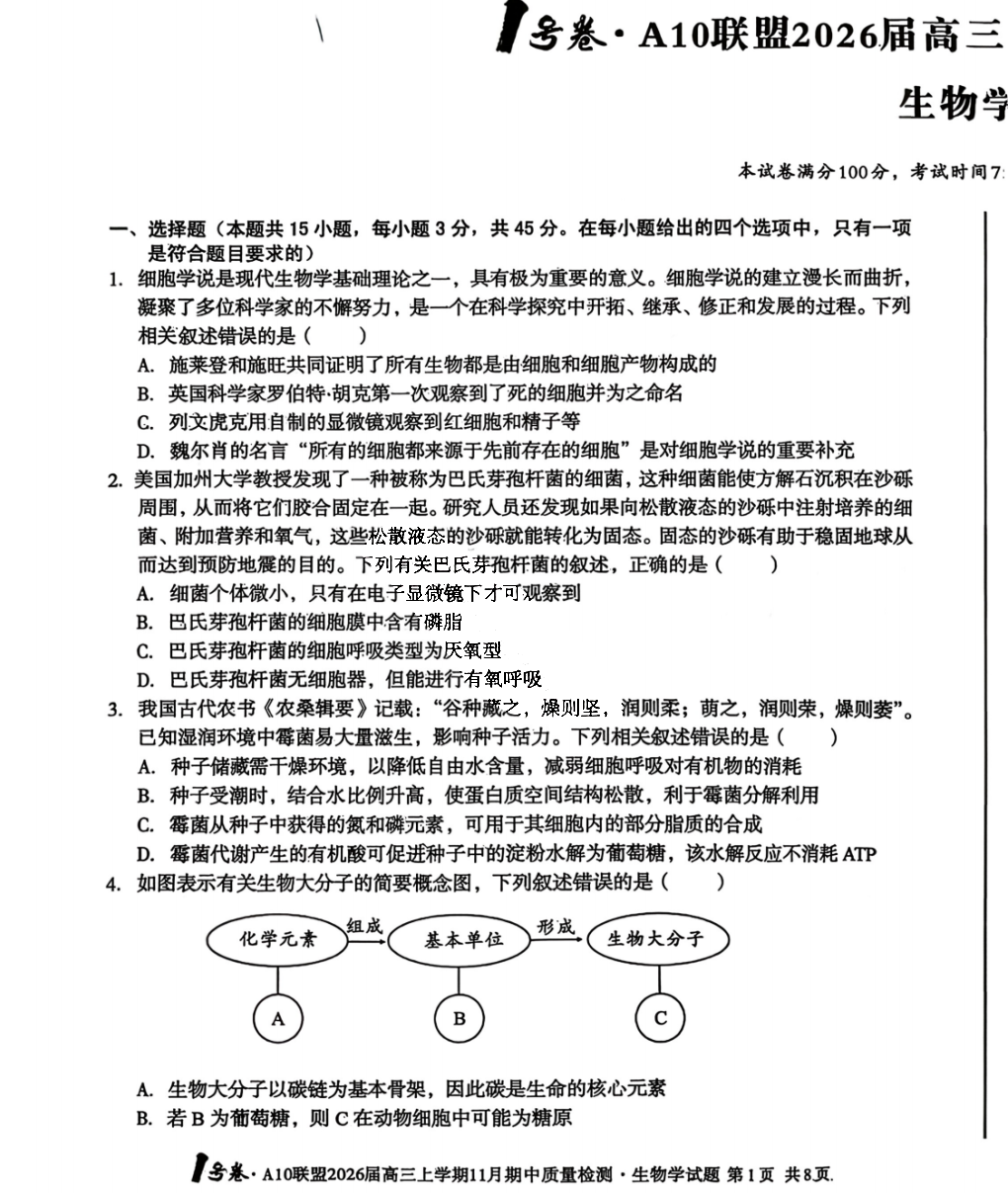 安徽A10联盟2026届高三上学期11月期中生物试题及答案