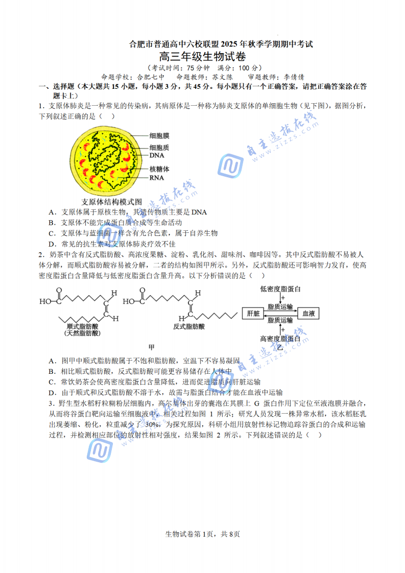 合肥市普通高中六校联盟2025年秋季学期高三期中考试生物试题及答案