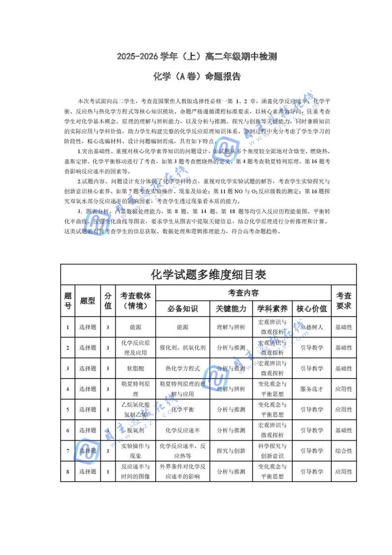 天一大联考2025-2026学年高二阶段性测试（期中）考试化学试题及答案