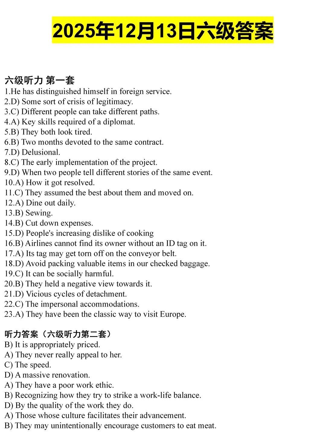 2025年12月13日大学六级CET-6考试试题答案