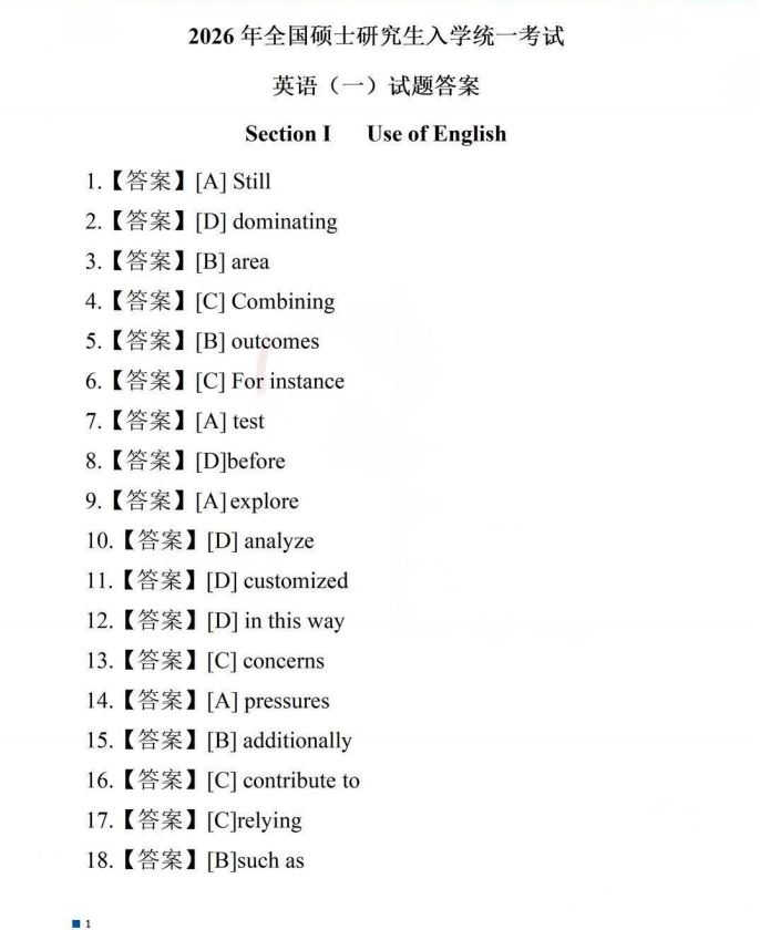 2026年全国硕士研究生招生考试（初试）英语（一）试题答案（网络版）