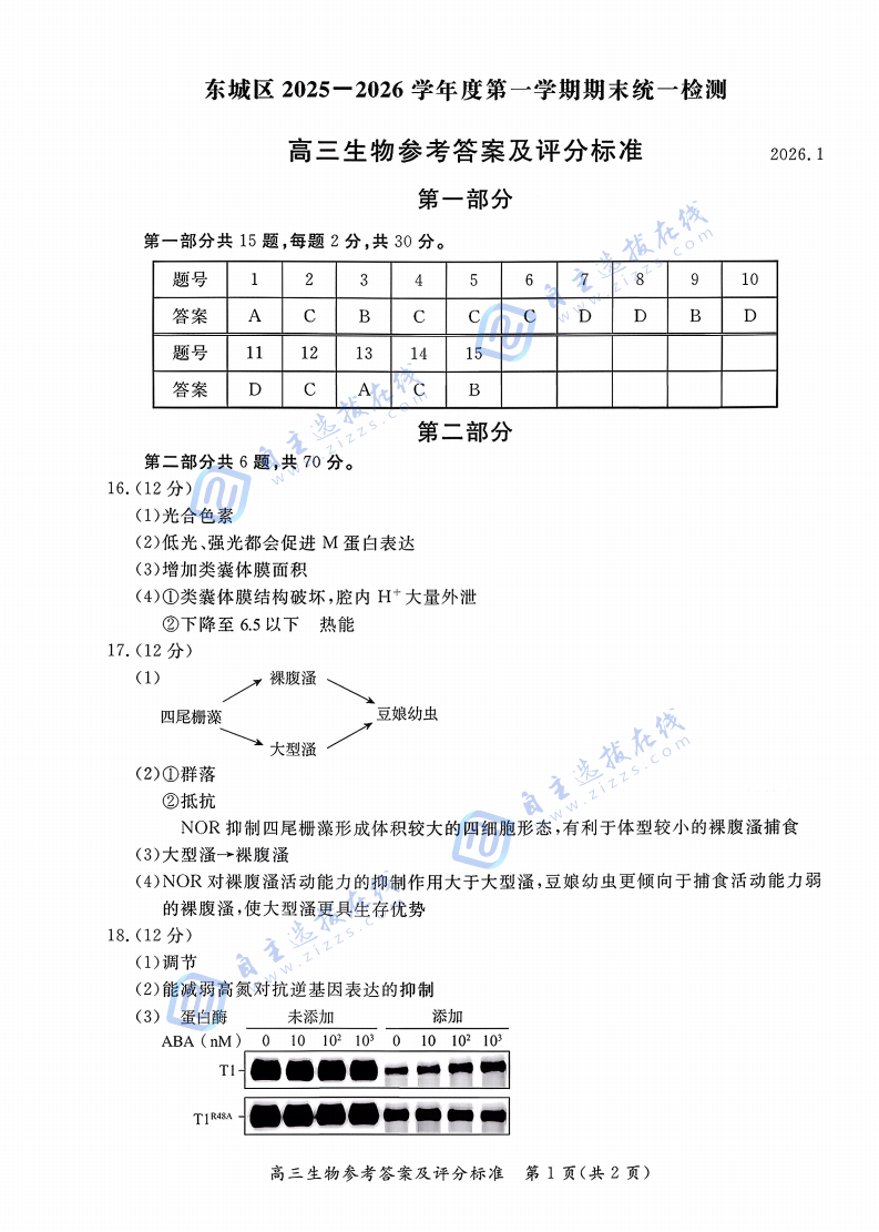 东城区2025-2026学年度高三期末统一检测生物试题及答案