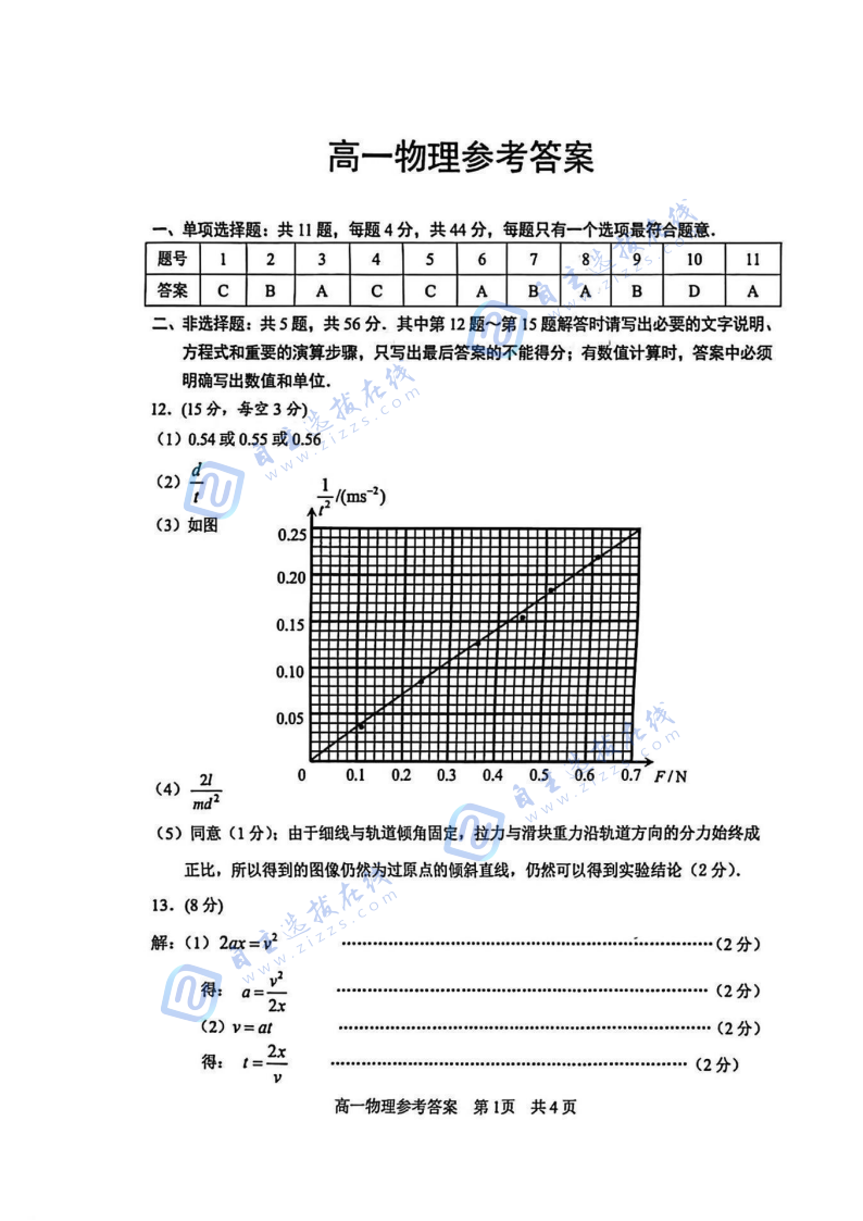 苏州2026年高一期末考试物理试题及答案