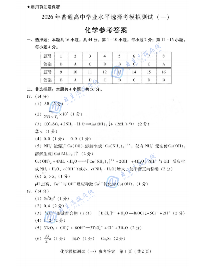 2026届高三广东一模化学试题及答案