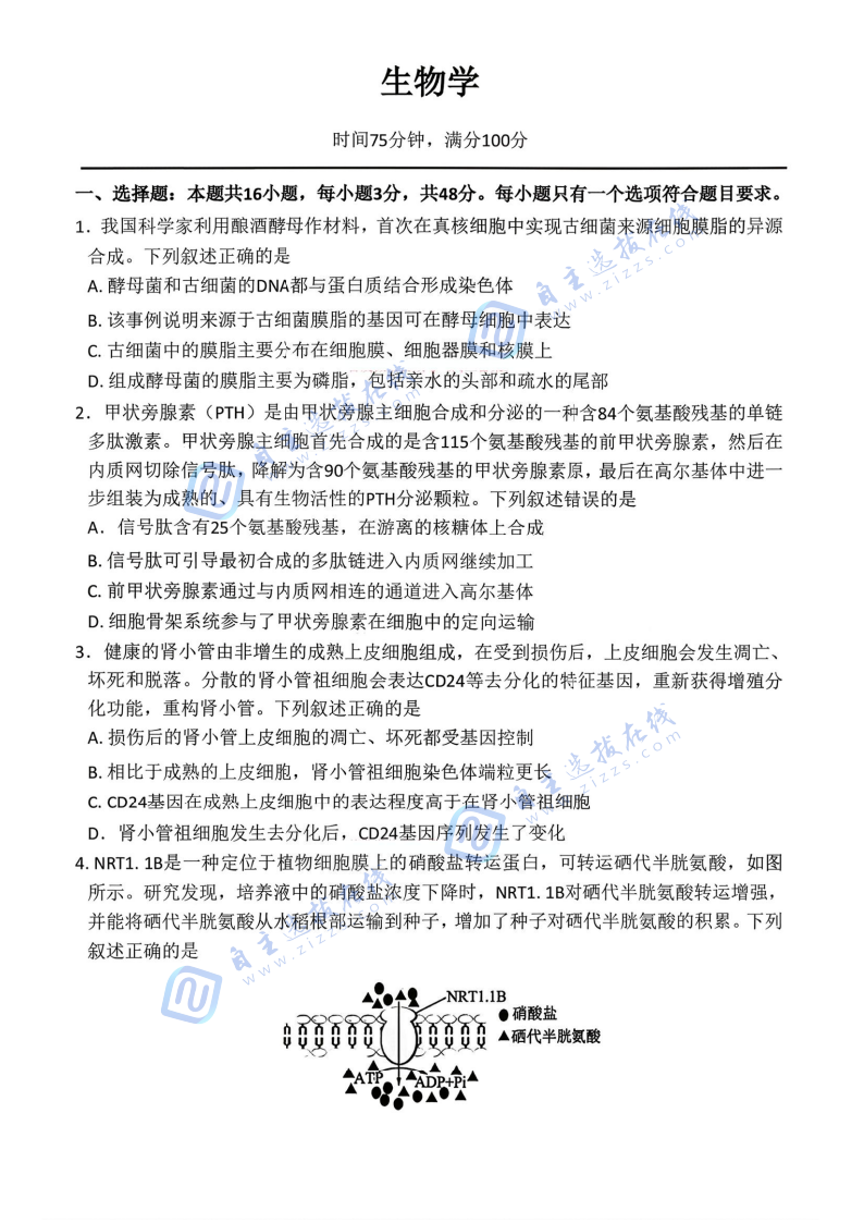 百师联盟2026届高三二轮复习（一）生物试题及答案（E卷）