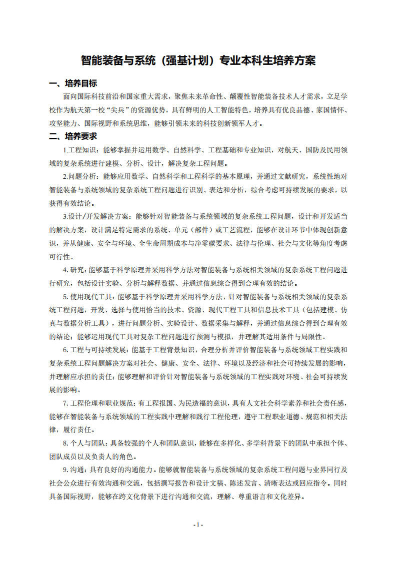 哈尔滨工业大学2026年强基计划智能装备与系统专业本科生培养方案