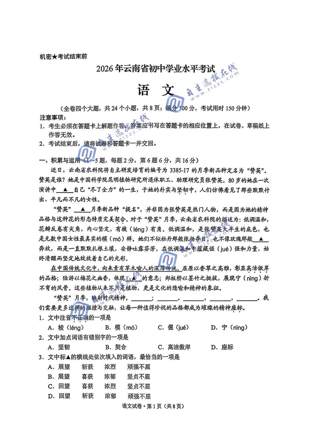 云南省2026年中考语文试题及答案