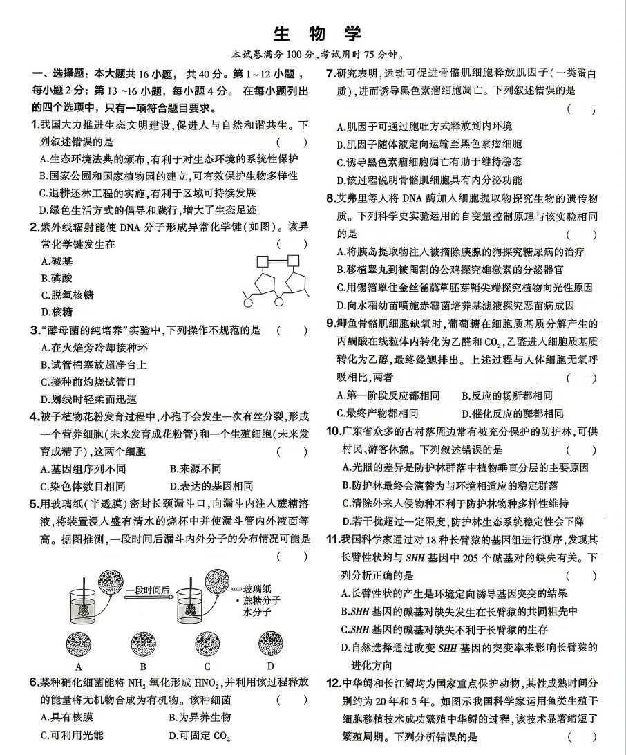 2026年广东高考生物试题及答案
