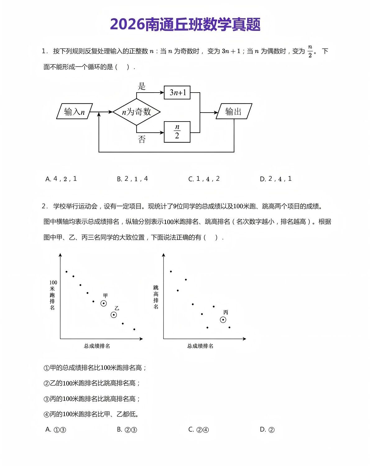 2026年江苏省南通市丘班数学试题