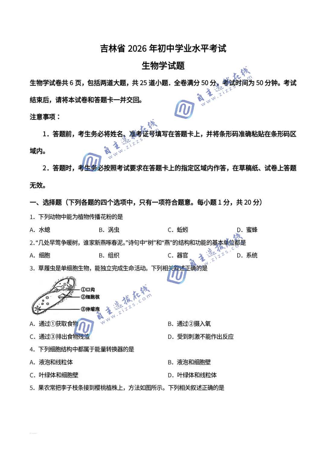 吉林省2026年中考生物试题及答案