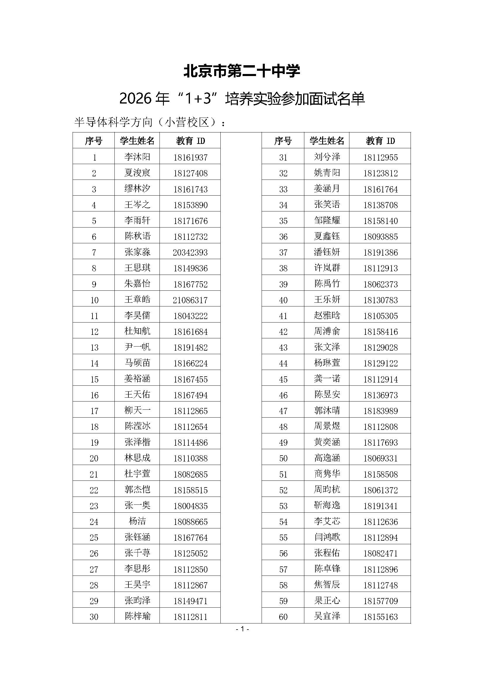 北京市第二十中学(新都校区)2026年1+3项目面试名单