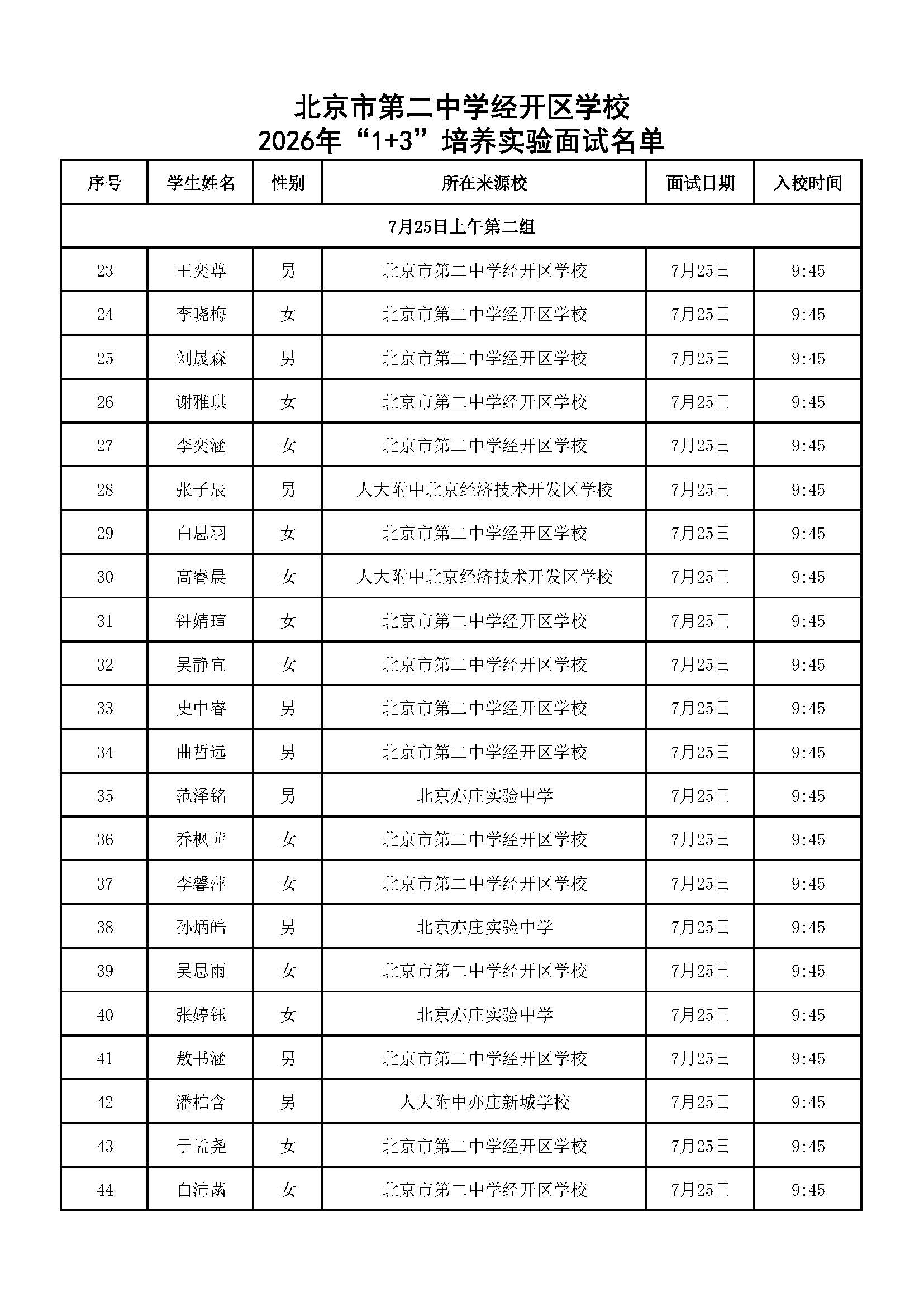 北京市第二中学经开区学校2026年“1+3”培养实验面试名单