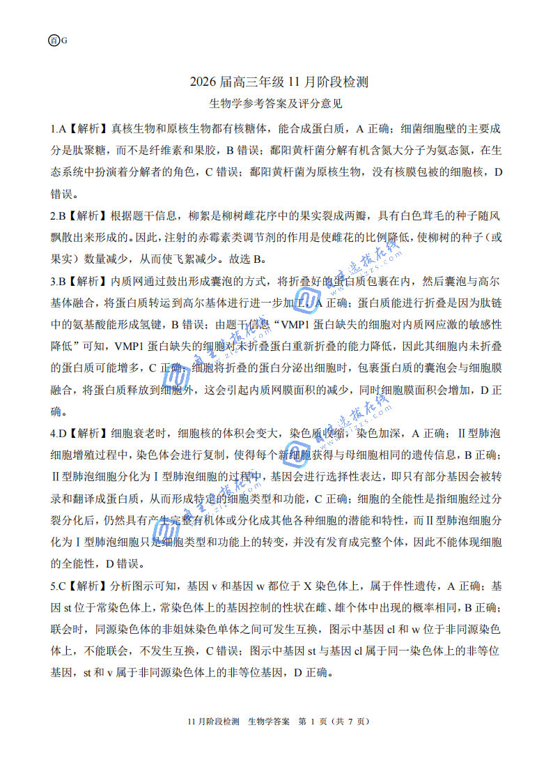 百师联盟2026届高三11月阶段检测生物试题及答案（广东卷）