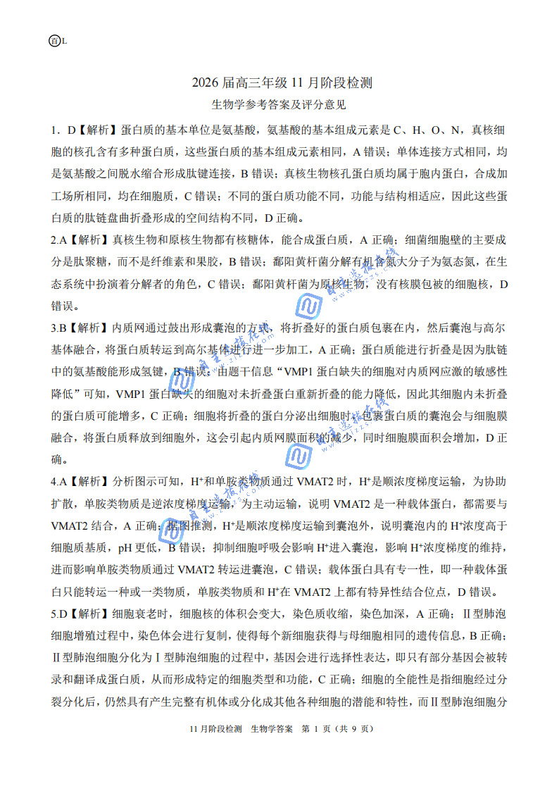 百师联盟2026届高三11月阶段检测生物试题及答案（黑吉辽蒙川）