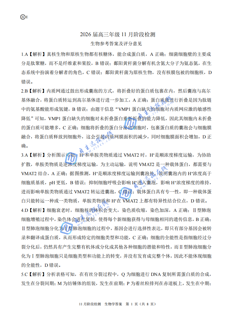 百师联盟2026届高三11月阶段检测生物试题及答案（陕晋青宁等）