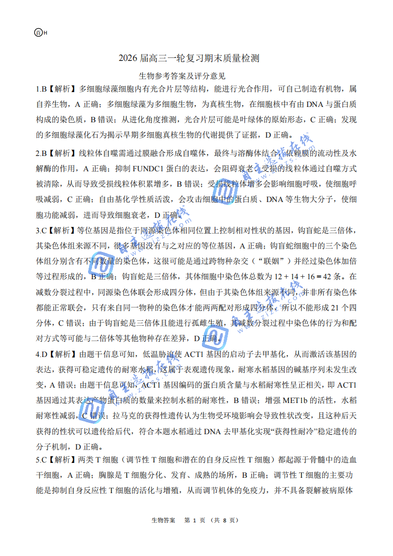 百师联盟2026届高三一轮复习期末检测生物试题及答案（河北卷）