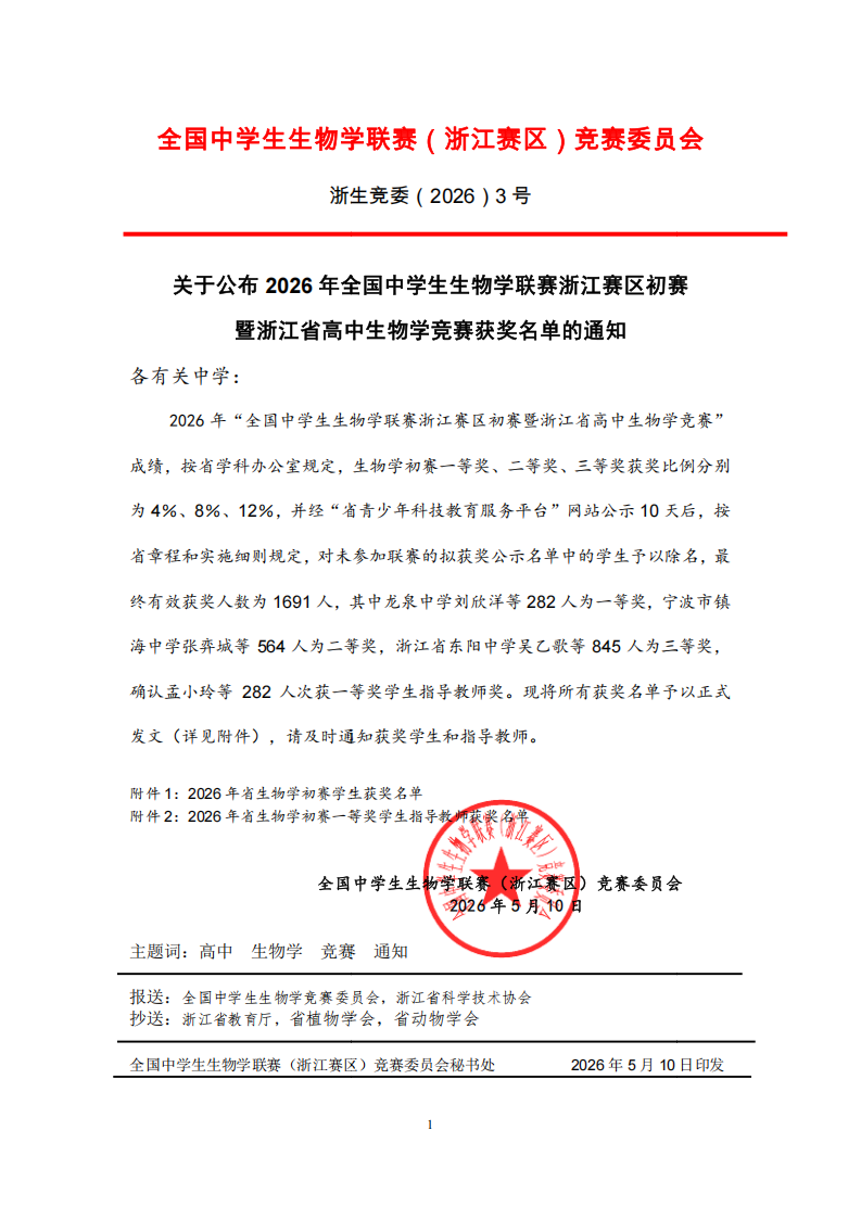 2026年中学生生物学联赛浙江赛区初赛获奖名单公布