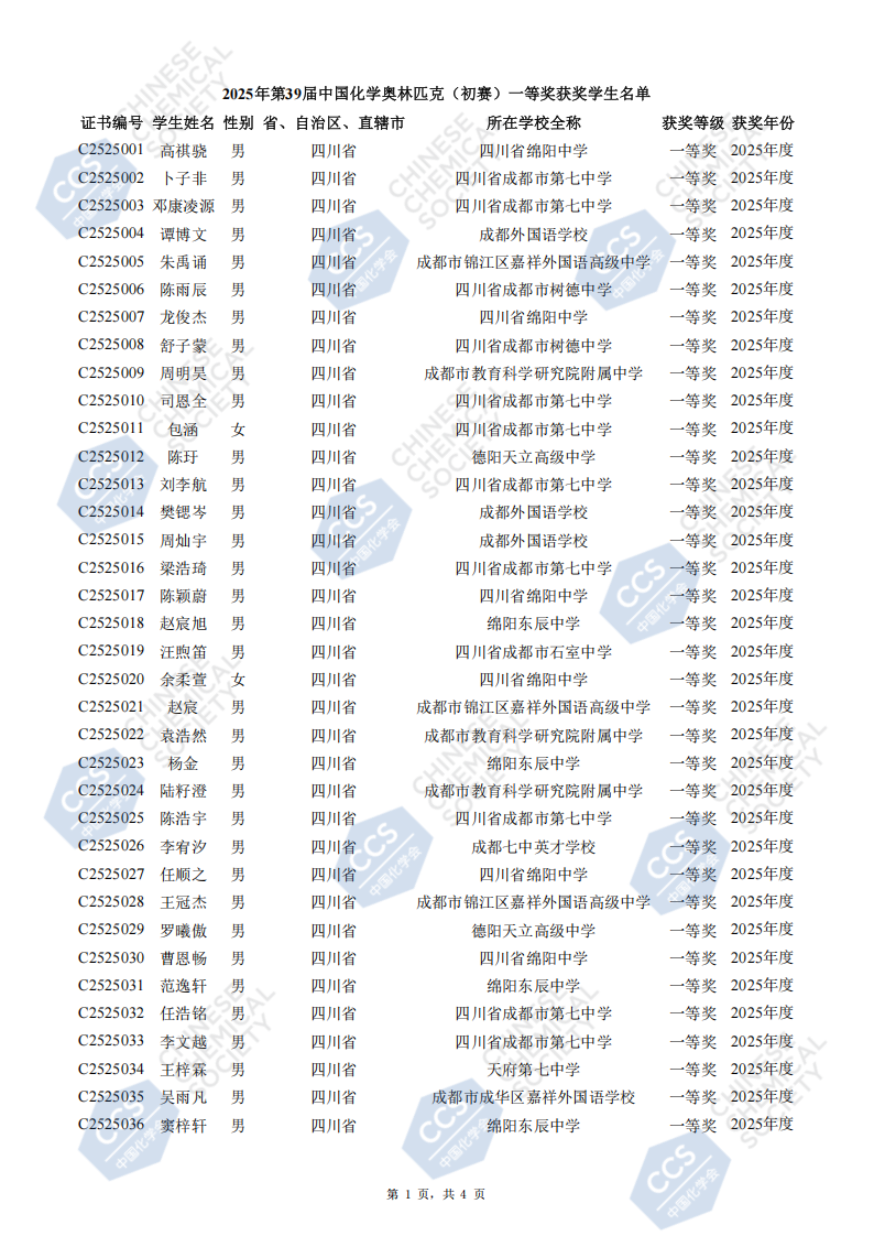 四川省2025年全国中学生化学竞赛初赛省一获奖名单
