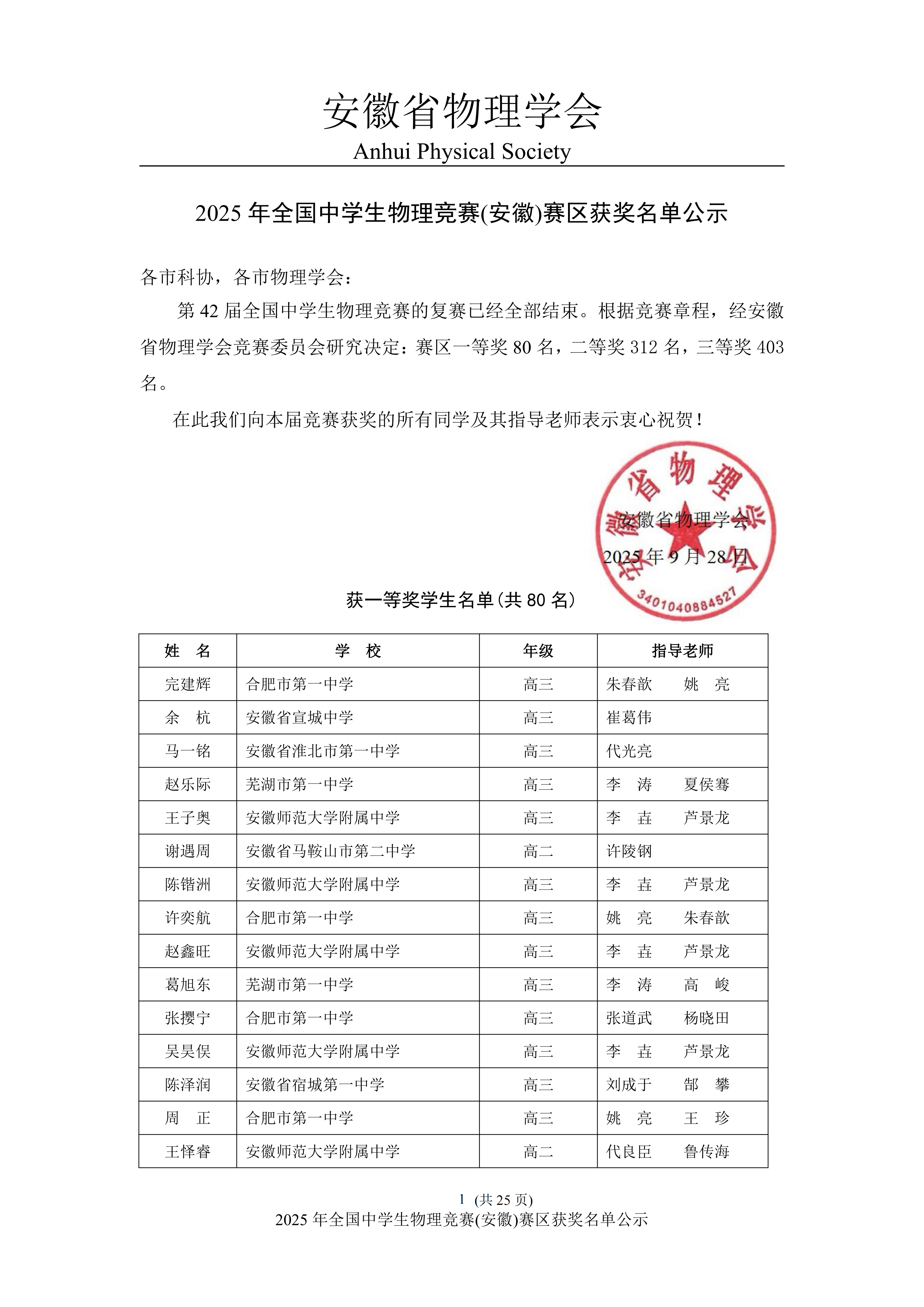 安徽省2025年中学生物理竞赛复赛省一获奖名单