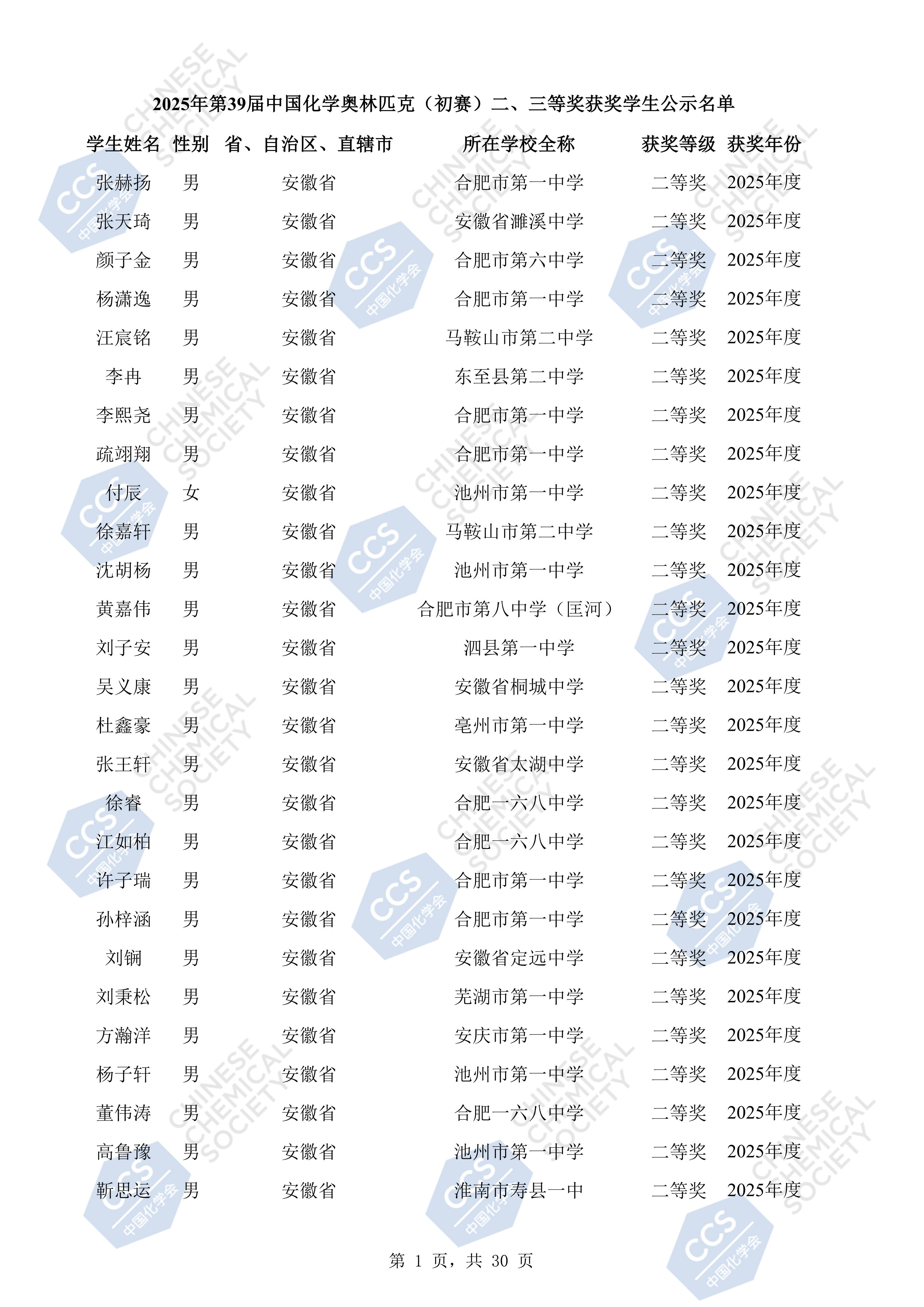 安徽省2025年全国中学生化学竞赛初赛二等奖获奖名单
