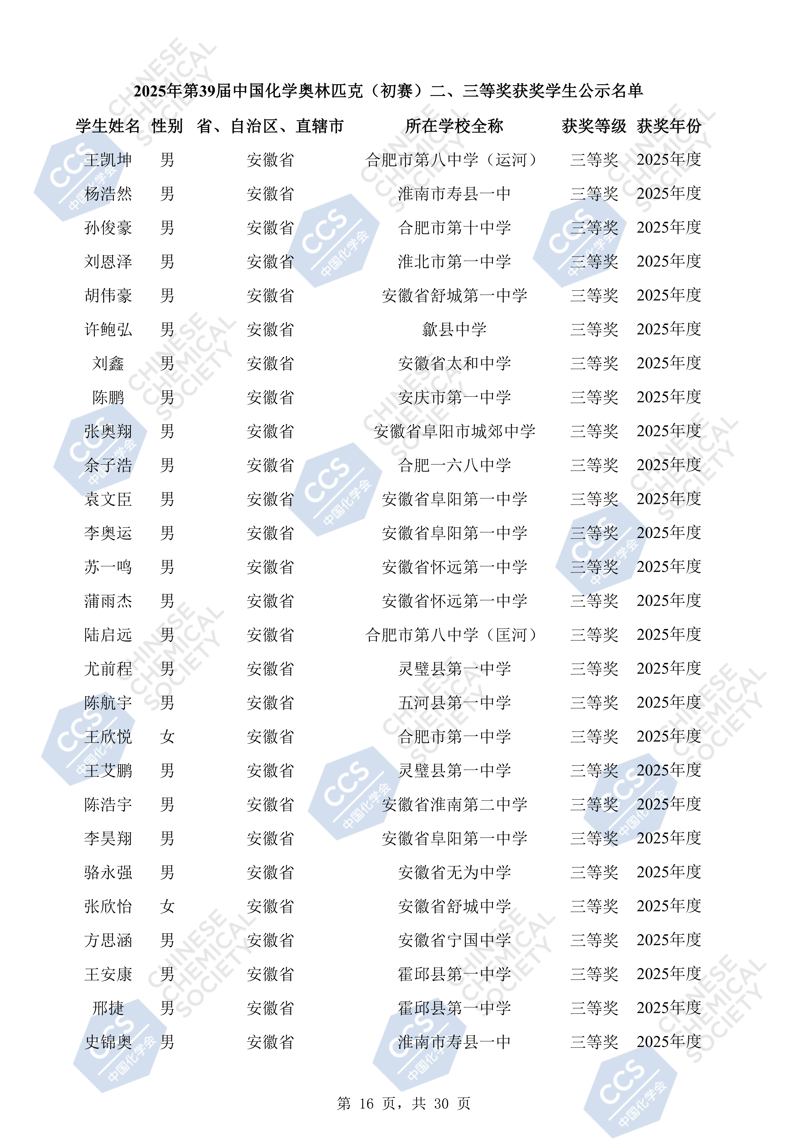 安徽省2025年全国中学生化学竞赛初赛三等奖获奖名单