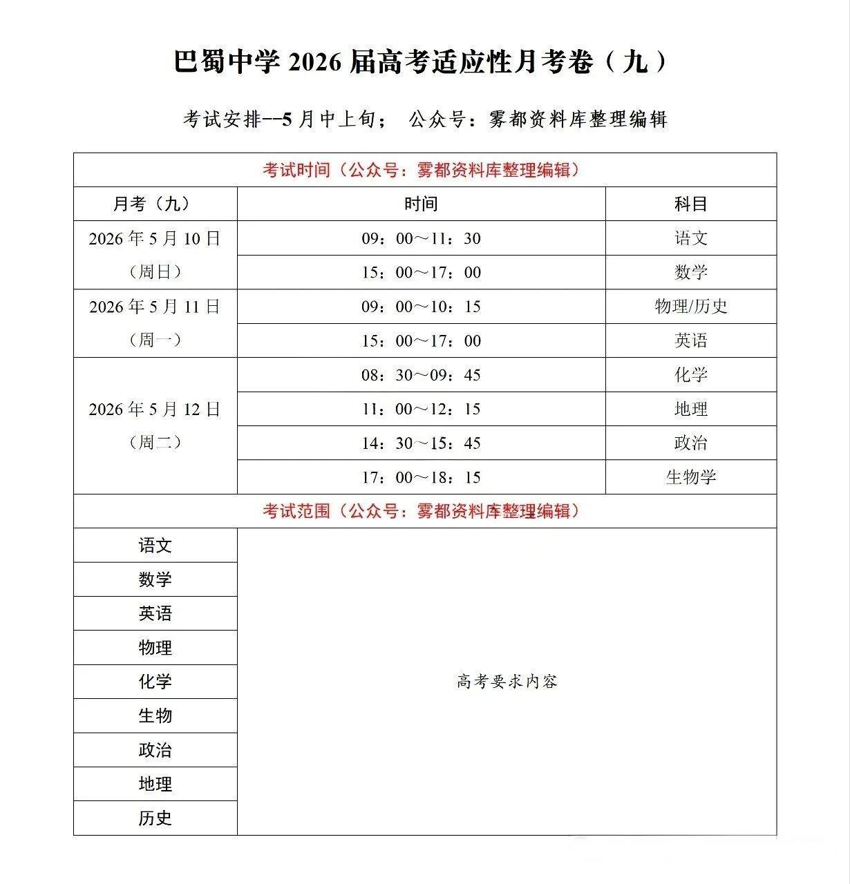重庆巴蜀中学2026届高三5月高考适应性考试安排