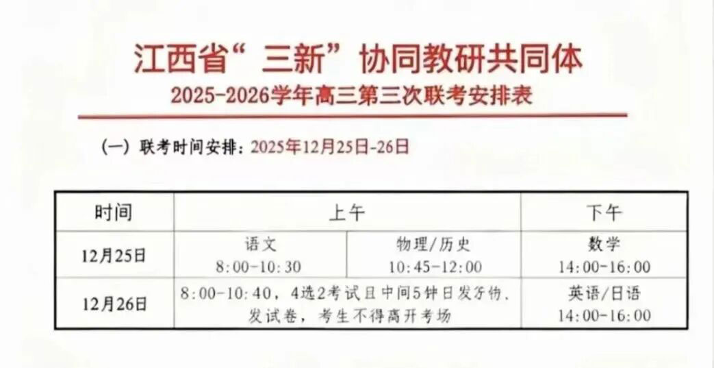江西&ldquo;三新&rdquo;协同教研共同体2026届高三第三次联考安排