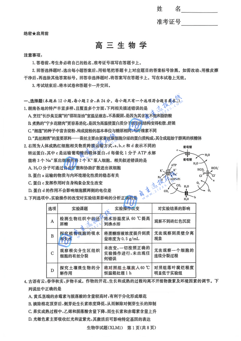 湖南炎德英才长郡二十校联盟2026届高三开学考生物试题及答案